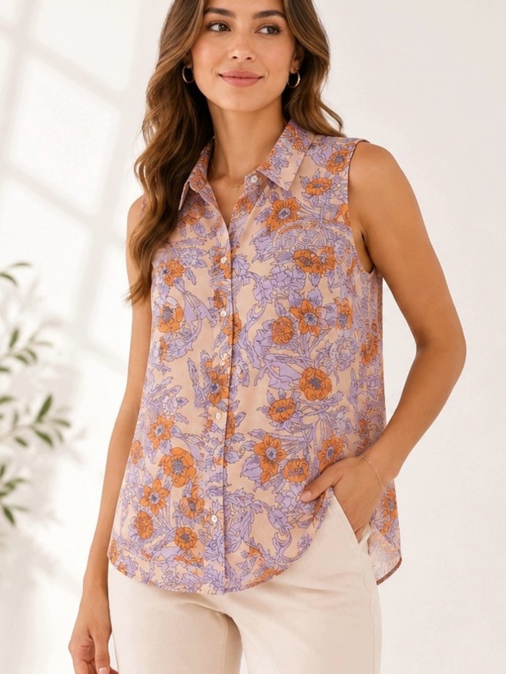H&M Lavender and Orange Floral Sleeveless Button-Front Blouse